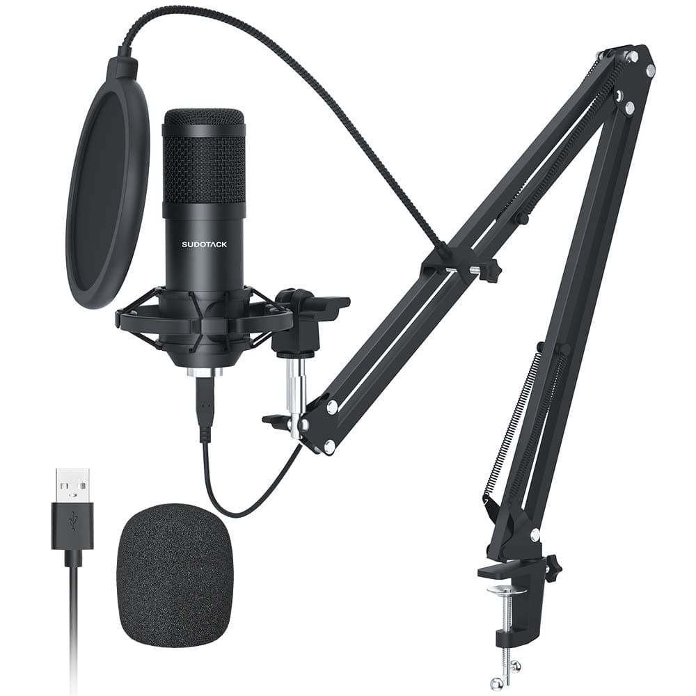 SUDOTACK USB Streaming Podcast PC Microphone, Professional 192KHZ/24Bit Studio Cardioid Condenser Mic Kit with Sound Card Boom Arm Shock Mount Pop Filter, for Skype Youtuber Karaoke Gaming Recording