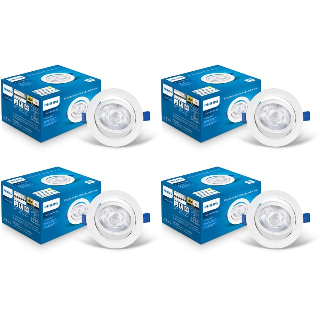 Philips 3 Watt White LED Ceiling COB Round Spot Light with Adjustable Tilt | Cut out: 63mm | Warm White, Pack of 4 (BrightSpot)