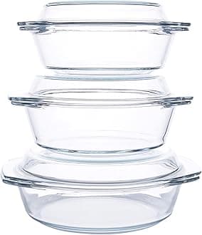 Set of 6 Pieces Round Tempered Glass Casserole Dish with Lids, Glass Casserole Baking Dish Set for Oven, Freezer and Dishwasher Safe - 1QT+1.5QT+1.8QT