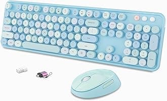 Wireless Keyboard and Mouse Combo, Ergonomic Full Size Typewriter Retro Round Keycaps Keyboard, Compatible with Windows, PC, Perfer for Home and Office Keyboards (Blue