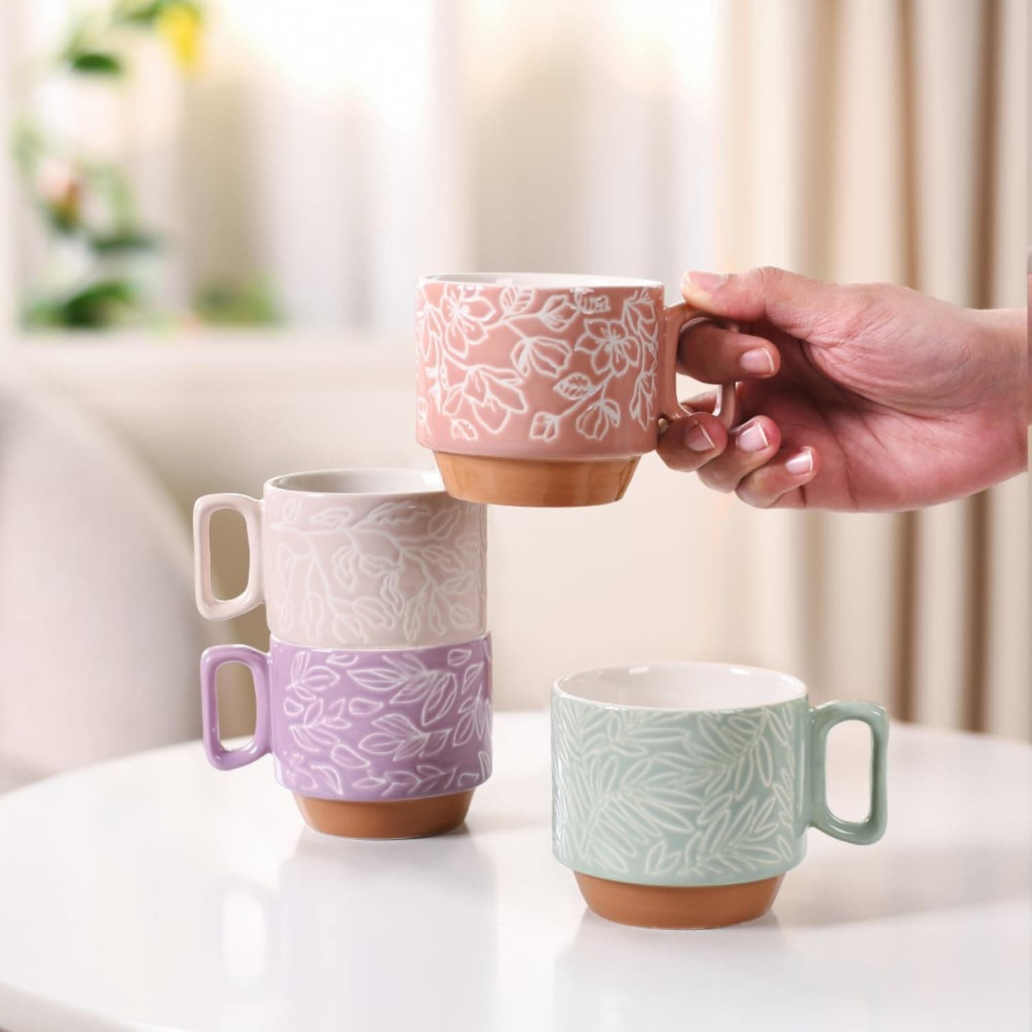 Nestasia Stackable Floral Cups Set of 4 (250 ml) | Stackable, Floral Design, Heat Retaining | Ideal for Tea, Coffee & Gifting