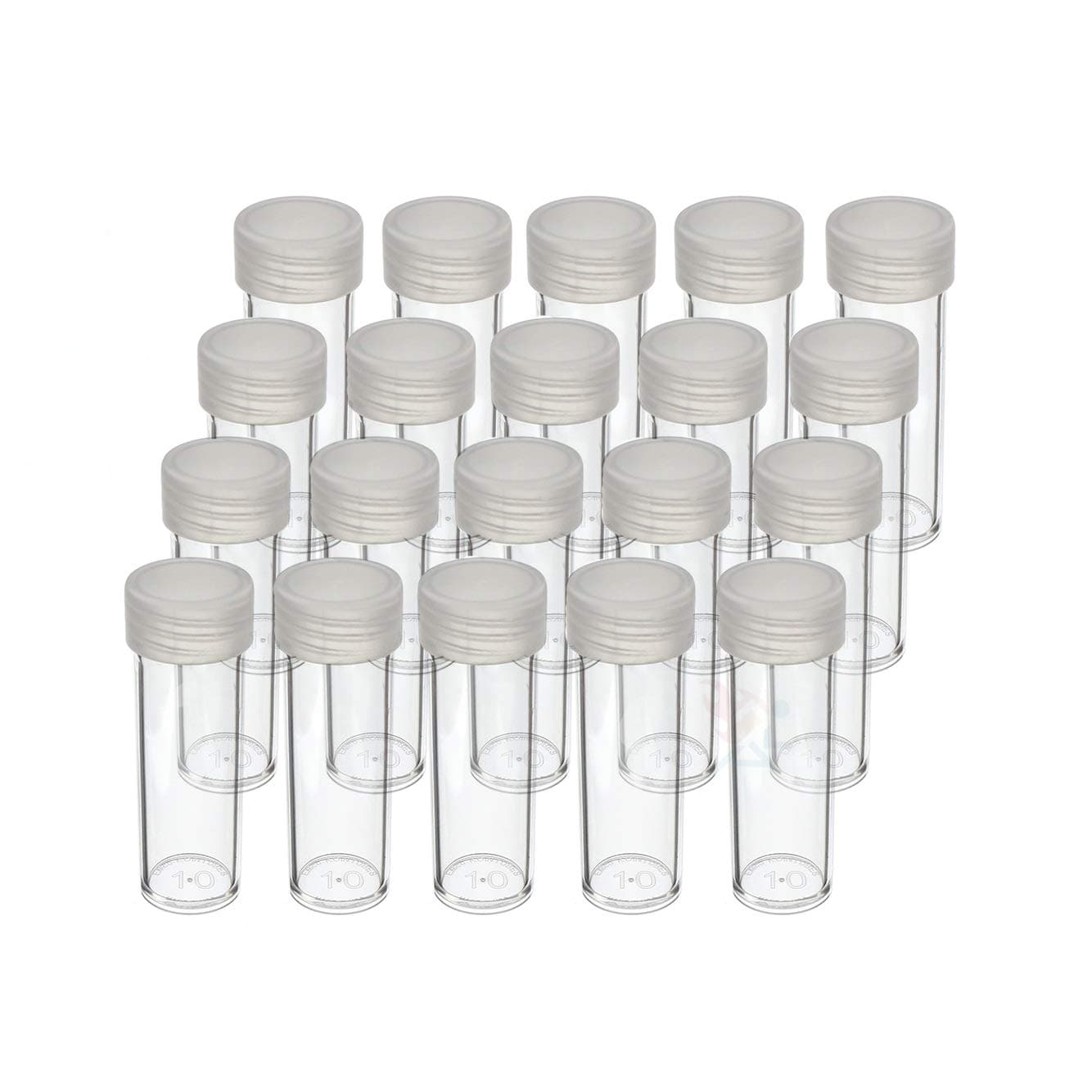 (20) Edgar Marcus Brand Round Clear Plastic (Dime) Size Coin Storage Tube Holders with Screw on Lid