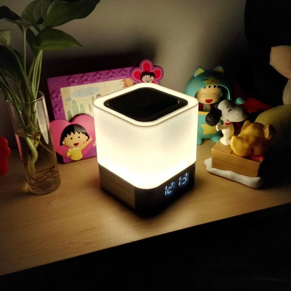 Night Light - 5 in 1 Bedside Lamp with Bluetooth Speaker, Touch Control & 4000mAh Battery, 12/24H Digital Calendar Alarm Clock, Support TF and SD Card, Best for Bedrooms Kids