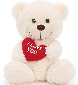 MaoGoLan Small Teddy Bear with Red Heart, I Love You Valentines Teddy Bear Stuffed Animal White,Velvet Red Heart Bear Gift for Kids,Girlfriend,Wife,12"