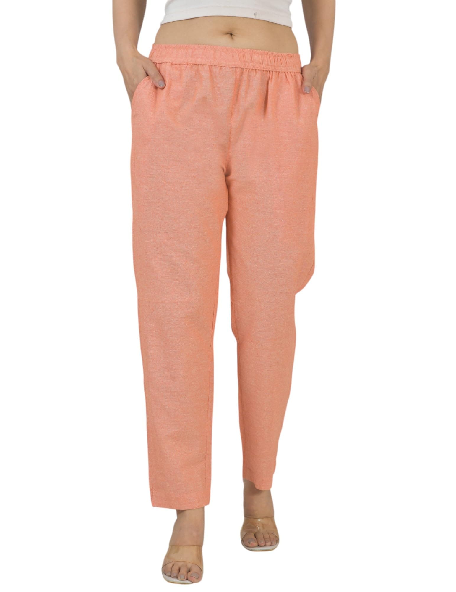 Qashida Women's Cotton Linen Pants, Regular Fit, Fully Elasticated, 2 Side Pockets