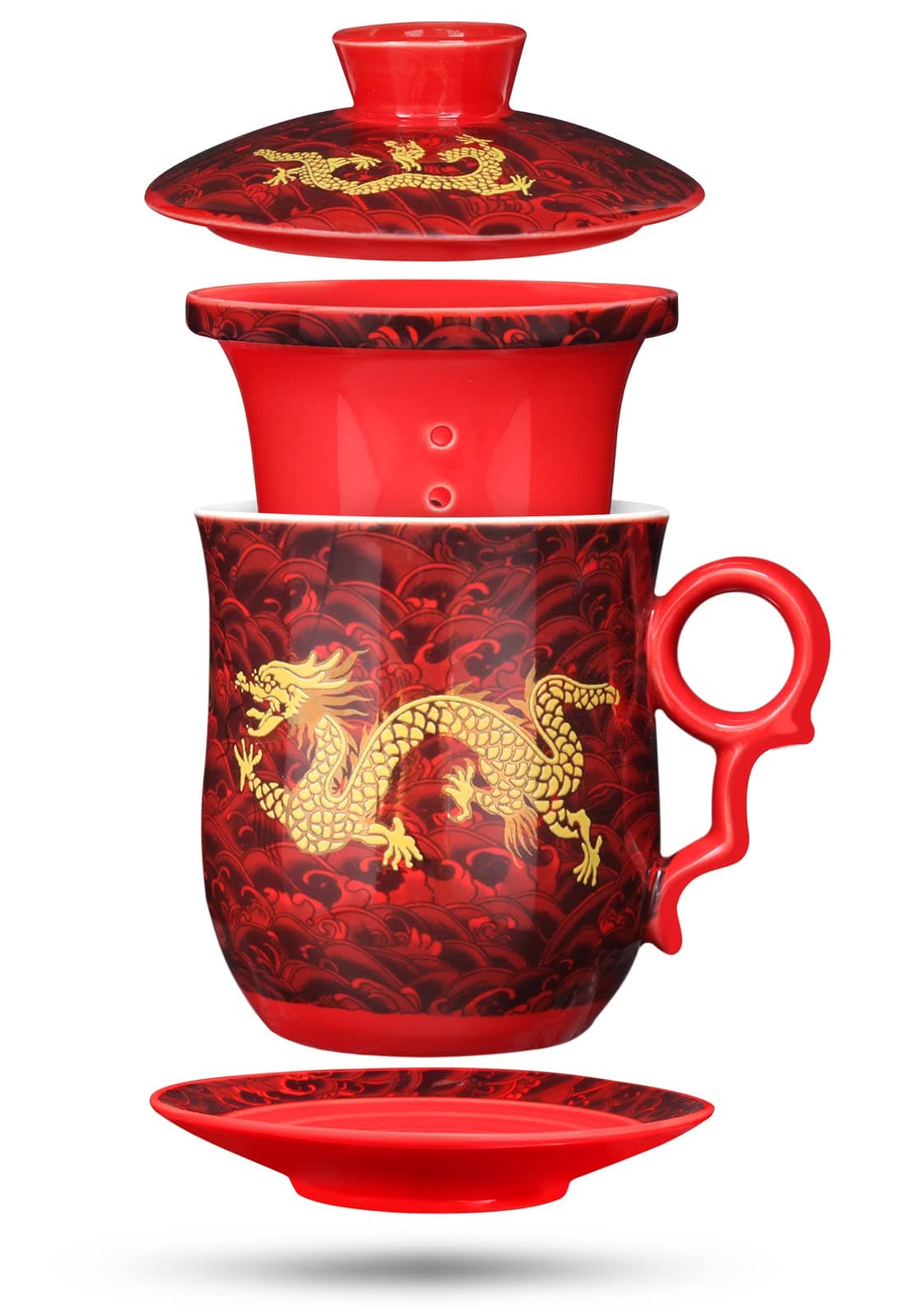 Chinese Dragon Pattern Tea-Mug with Strainer Infuser and Lid and Saucer Ceramic Tea Mug Convenient System Chinese Porcelain Personal Tea Cup 13.5 oz(380ml) - RED, TC400