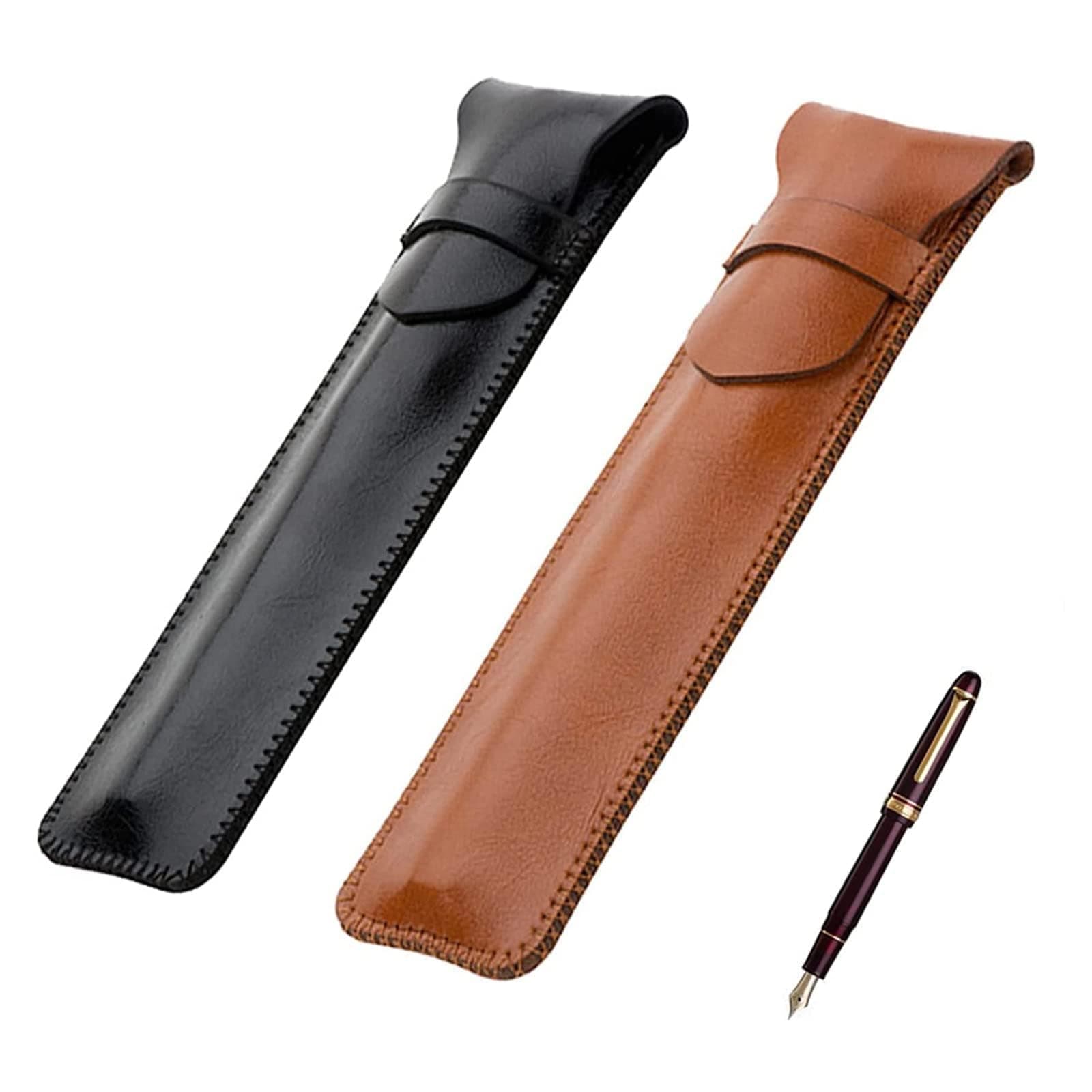 Leather Pen Case 2Pcs Pen Pouch Soft Pen Protective Sleeve Cover for Ballpoint Pen, Stylus Touch Pen - Black & Brown