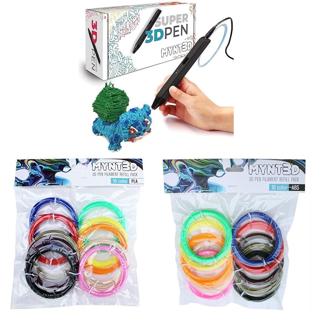 Super 3D Pen, 1.75mm ABS and PLA Compatible 3D Printing Pen & PLA 3D Pen Filament Refill Pack (10 Color, 3m Each) & ABS 3D Pen Filament Refill Pack (10 Color, 3m Each)
