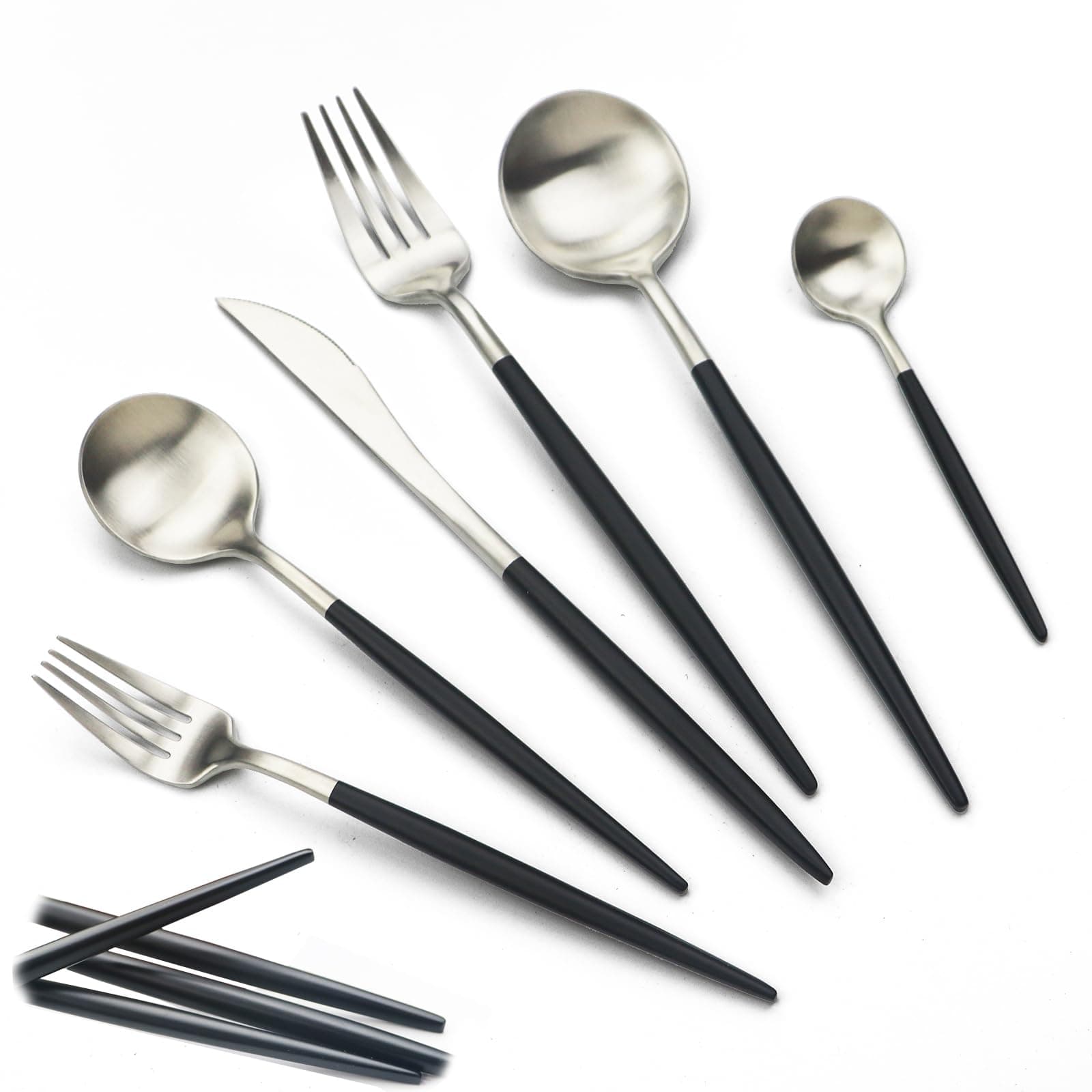 JASHII 18/10 Black Handle Flatware Silver Silverware Set 304 Stainless Steel Flatware Cutlery Set| 24-Piece Adaline Royal Modern Satin Finish| BEST Birthday Wedding Gift (Black Handle Silver 4 Sets)