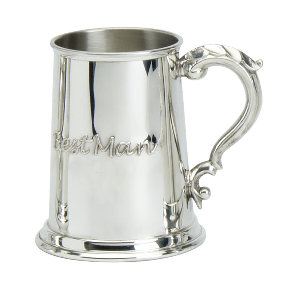 Edwin Blyde & Co 1 Pint Tankard with Solid Metal Base-Embossed with Best Man-Georgian Handle, Pewter, 11 x 14.5 x 11 cm