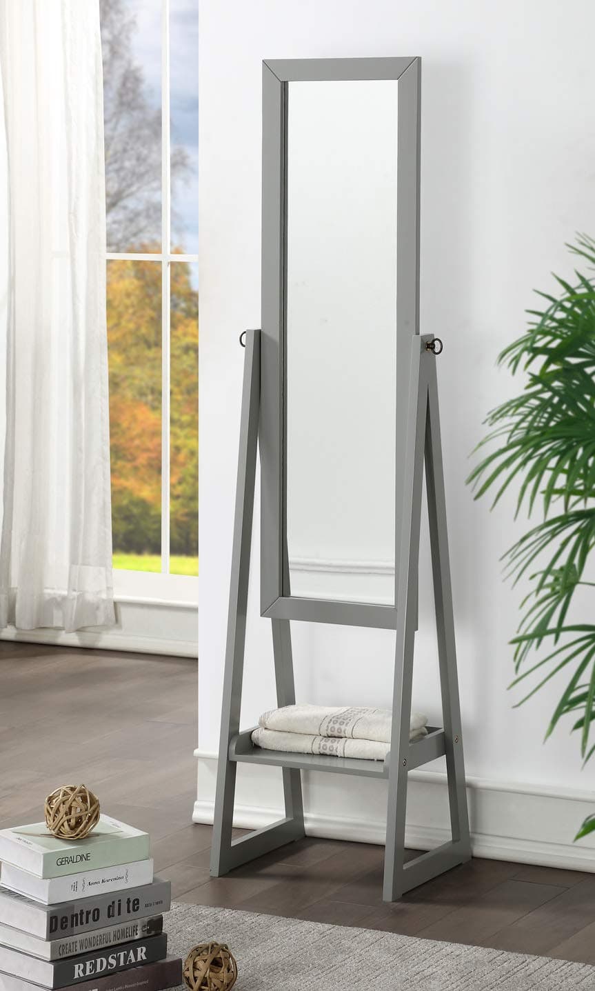 eHomeProducts Solid Wood Cheval Floor Standing Tilting Mirror with Bottom Shelf, Grey Finish