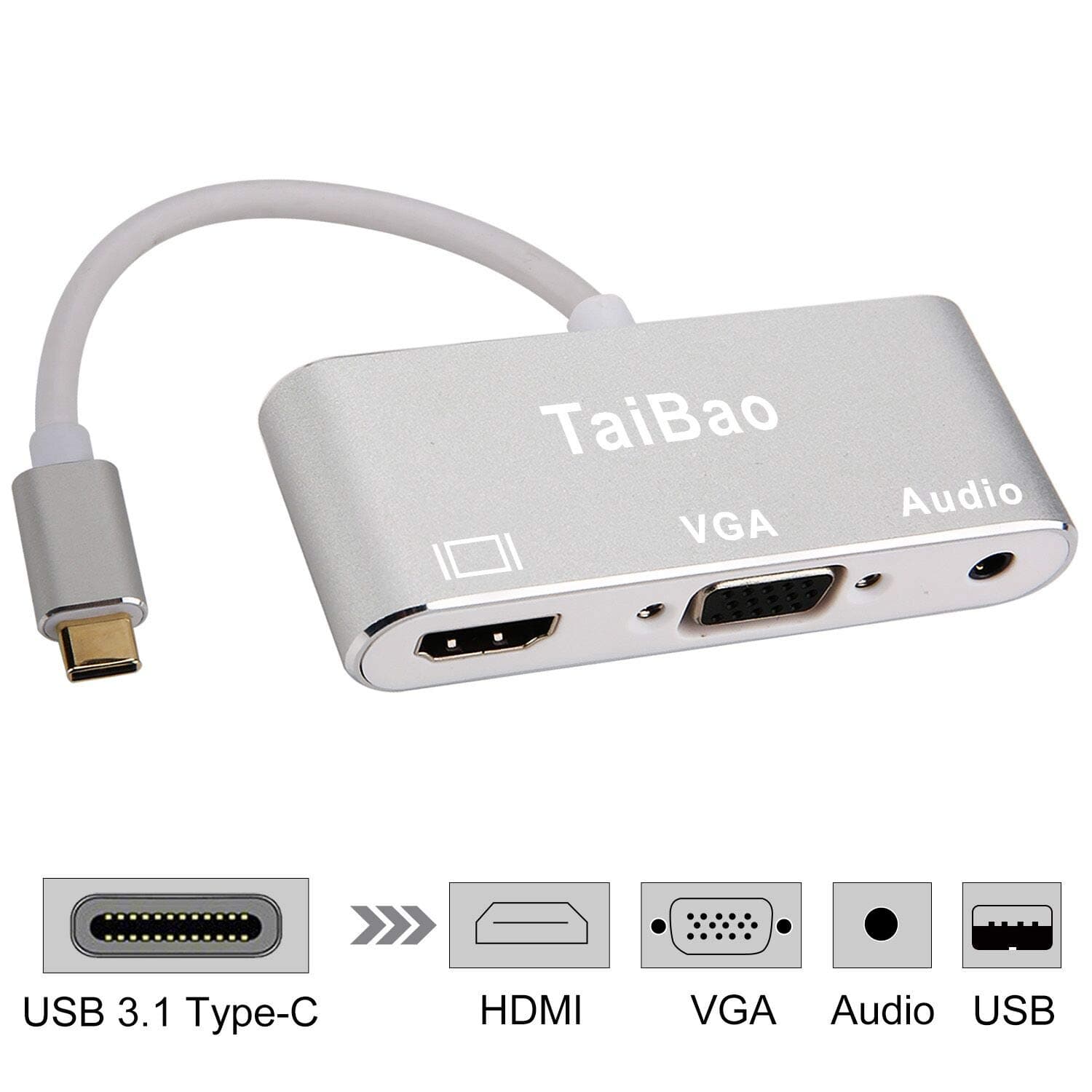 USB-C to HDMI VGA Audio USB 2.0 Adapter, USB Type C to HDMI 4K VGA 1080P Dual Screen Display Converter for Macbook Pro 2017 / Samsung Galaxy S8 / S9 / S8 Plus/Note 8