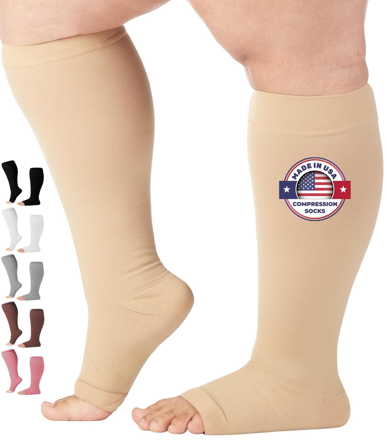 Opaque Compression Socks Knee-Hi Firm Support Open Toe (Medium, Beige) Compression stockings 20-30mmHg, Surgical Weight, medical compression socks, compression stockings post surgery, compression socks for men & woman