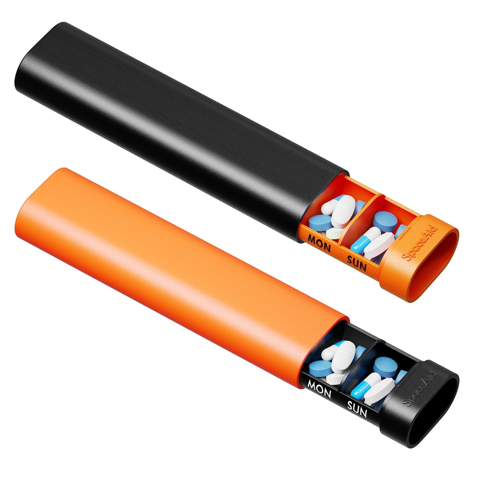 SpaceAid 2 Pack Pill Organizer Box 7 Day, Weekly Travel Pill Case Holder, 2 Times a Day AM PM Daily Pocket Pharmacy Dispenser Container for Pills, Vitamins and Medicine (Black, Orange)