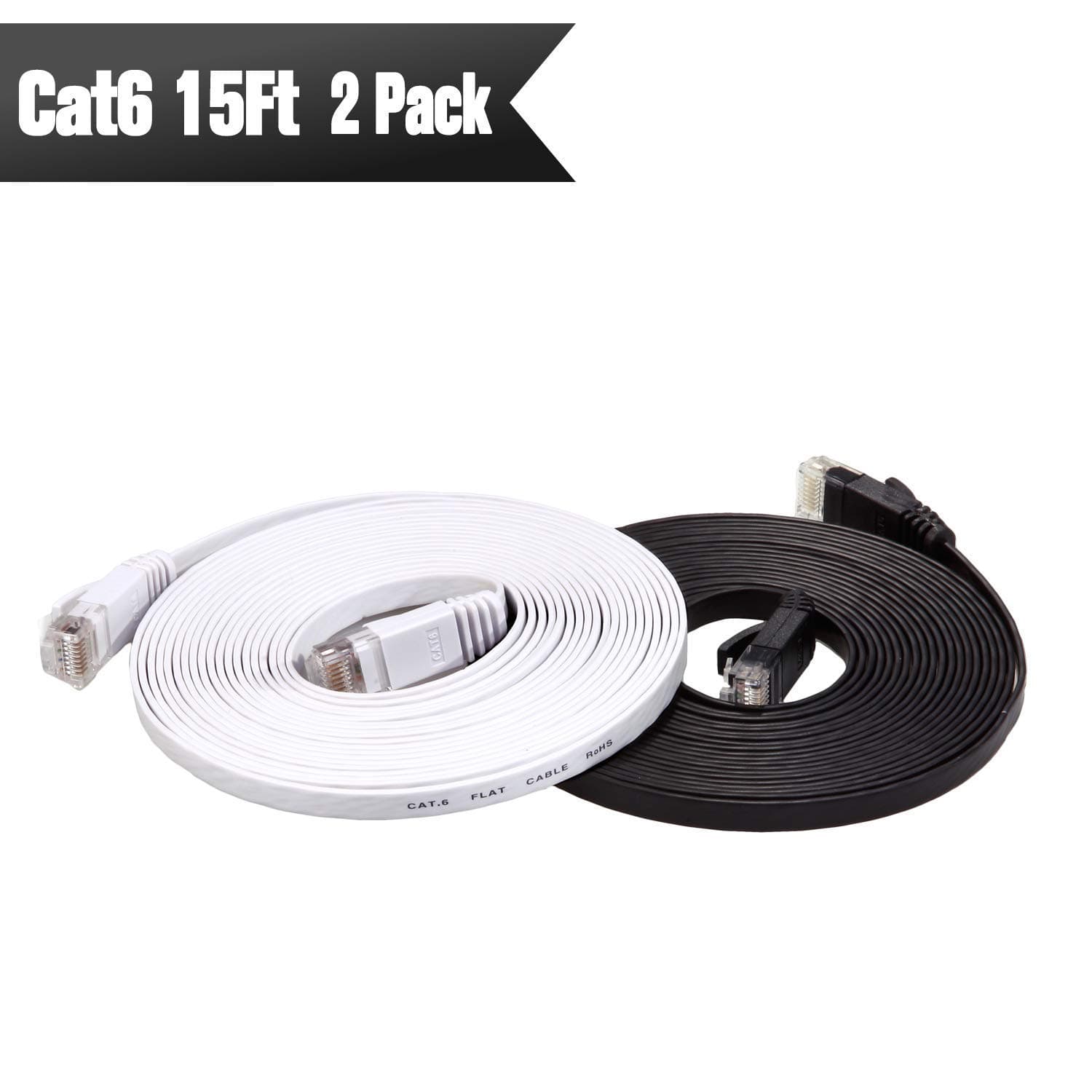 Cat 6 Ethernet Cable 15ft Flat (At a Cat5e Price but Higher Bandwidth) Internet Network Cable - Cat6 Ethernet Patch Cables Short - Computer Lan Cable With Snagless RJ45 Connectors (Black and White)