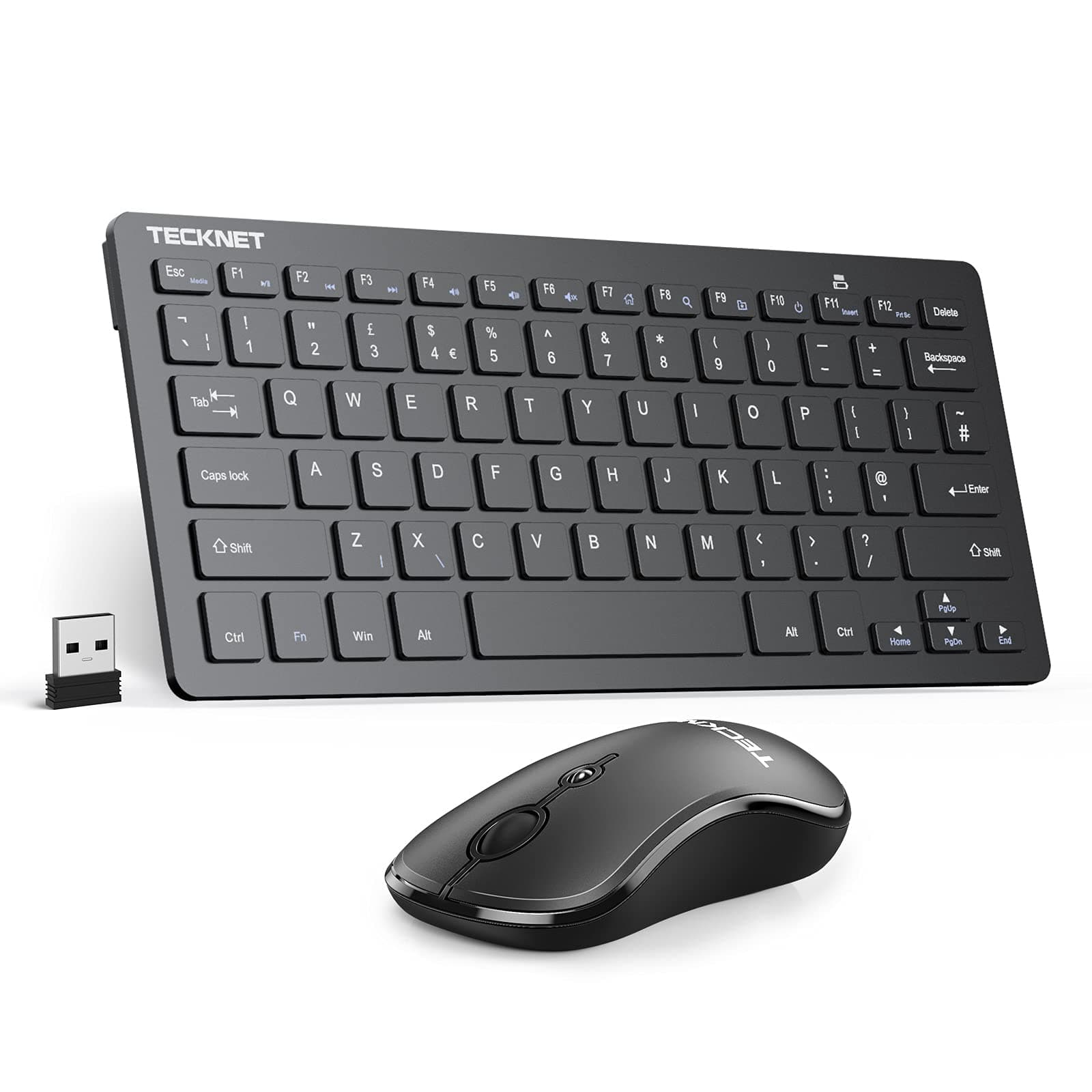TECKNET Mini Wireless Keyboard and Mouse Set, 2.4G Cordless USB Keyboard and Silent Mouse Combo with Nano USB Receiver, 12 Months Battery Life, 12 Multimedia Shortcuts for Computer, PC, Laptop, Black