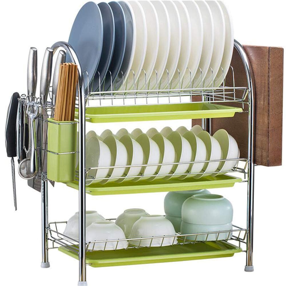 Dish Drying Rack 3-Tier Chrome Plating Dish Rack Stainless Steel Kitchen Dish Drainer Rack Organizer Tool-Free Installation With Utensil Holder/Drain Board/Cutting Board Bracket 3 Layers Cutlery Rack