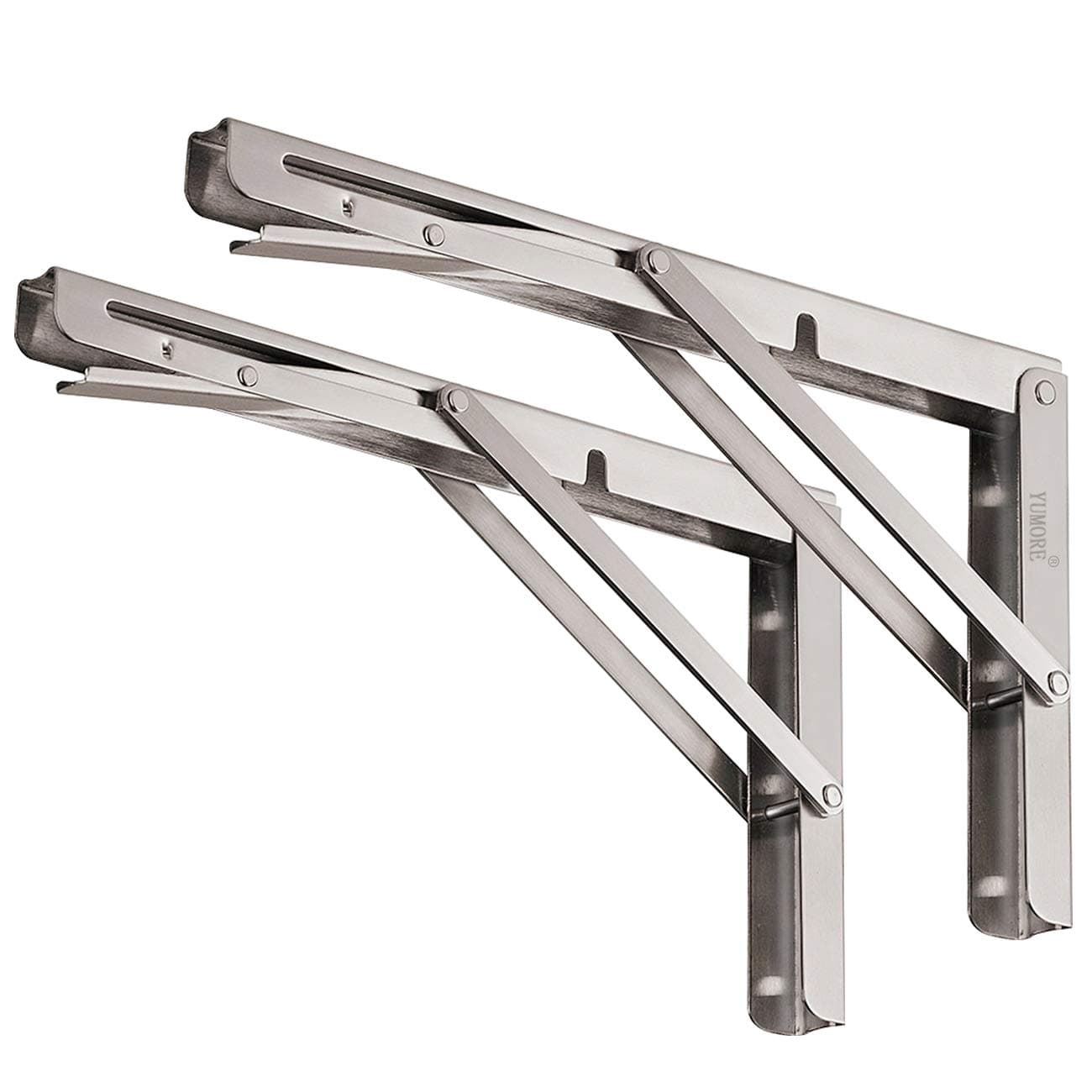 YUMORE Folding Shelf Bracket 12",Heavy Duty Foldable Shelf Brackets Stainless Steel Wall Mounted Collapsible Triangle Brackets for Floating Table DIY Countertop Support, Max Load 330lbs, Pack of 2