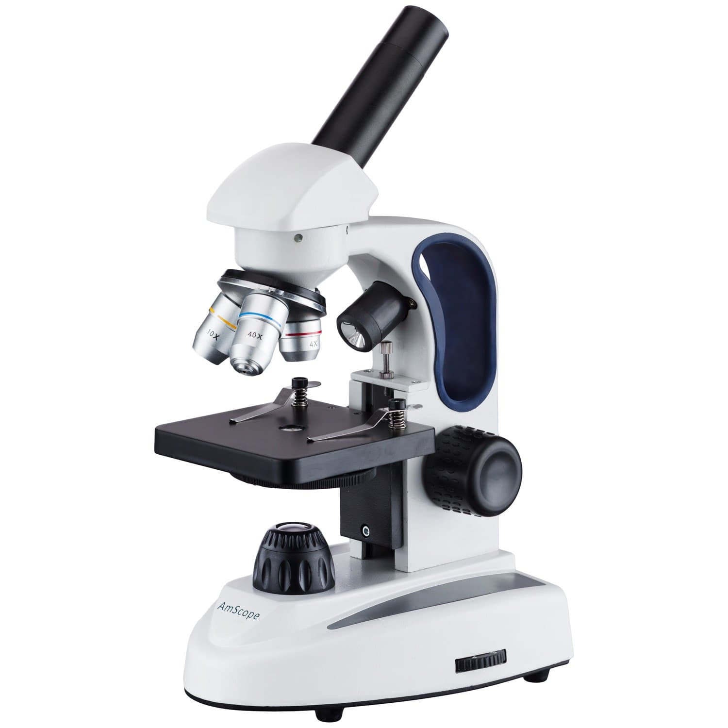 AmScope M149C-2L Compound Monocular Microscope, WF10x and WF25x Eyepieces, 40x-1000x Magnification, Upper and Lower LED Illumination, Brightfield, Single-Lens Condenser, Plain Stage, 110V or Battery-Powered, Heavy-Duty Metal Frame