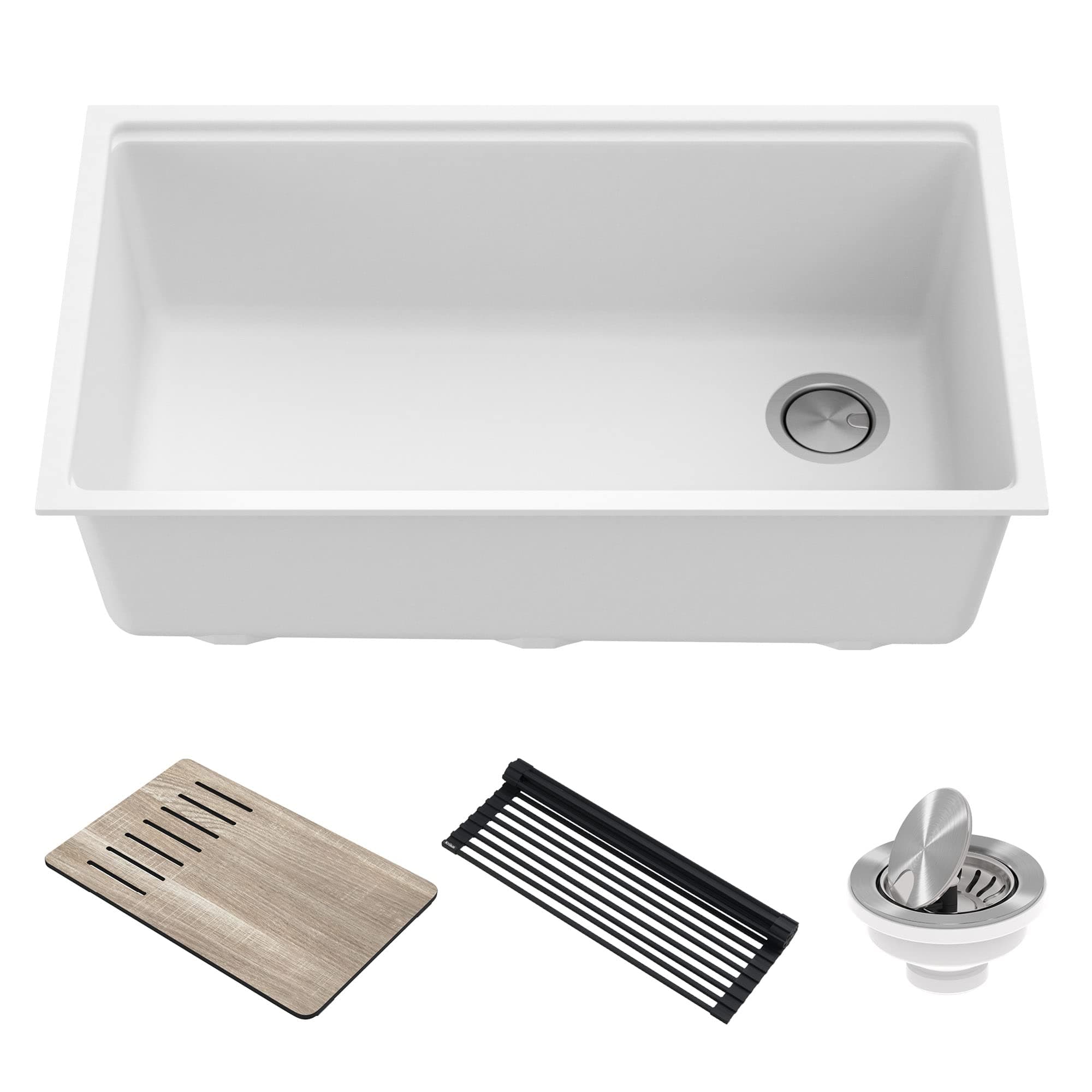 Bellucci Workstation 32-inch Undermount Granite Composite Single Bowl Kitchen Sink in White with Accessories, KGUW1-33WH