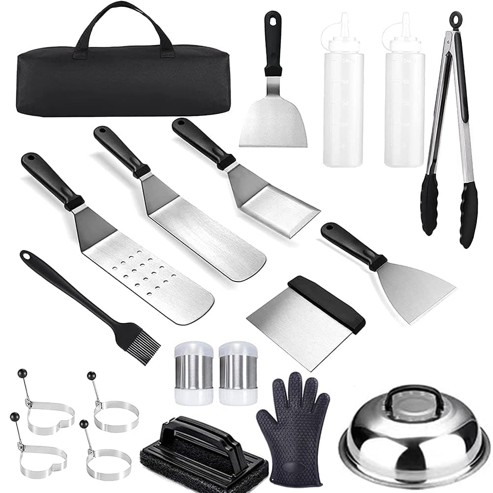 Yasorn Grill Accessories Stainless Steel BBQ Set with Spatulas Scraper 20-Piece Griddle Tools Basting Cover Tongs Egg Ring for Men Women Outdoor Camping