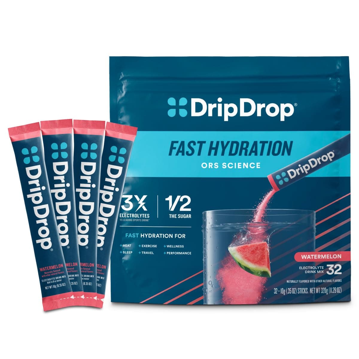 Hydration Packets - Watermelon - Single Serve Electrolytes Powder Drink Mix - Non-GMO, Gluten Free, Vegan - 32 Sticks