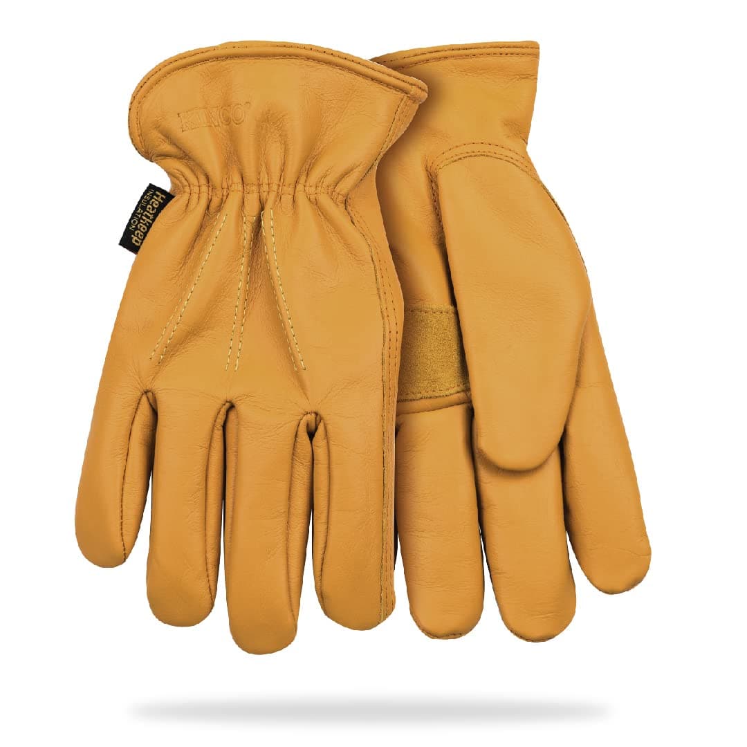 198HK-M, Lined Premium Grain Cowhide Driver with Palm Patch- Premium Full Grain Cowhide Full Finger with Thermal Lining and Shirred Elastic Wrist, Water-repellent, For Outdoors, Indoors - Medium