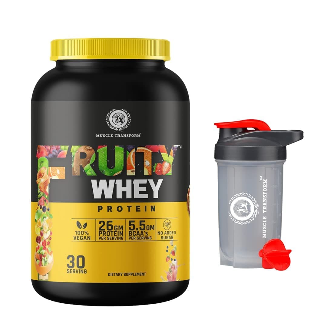 Muscle Transform Fruity Whey Protein Isolate, 26g Protein, 5.5 BCAAs, 6g Glutamine, 15g EAA | Muscle-Building Whey Protein Supplement Powder, Refreshing Whey for Men Women [Chocolate,1kg] Free Gym Shaker Sipper Bottle