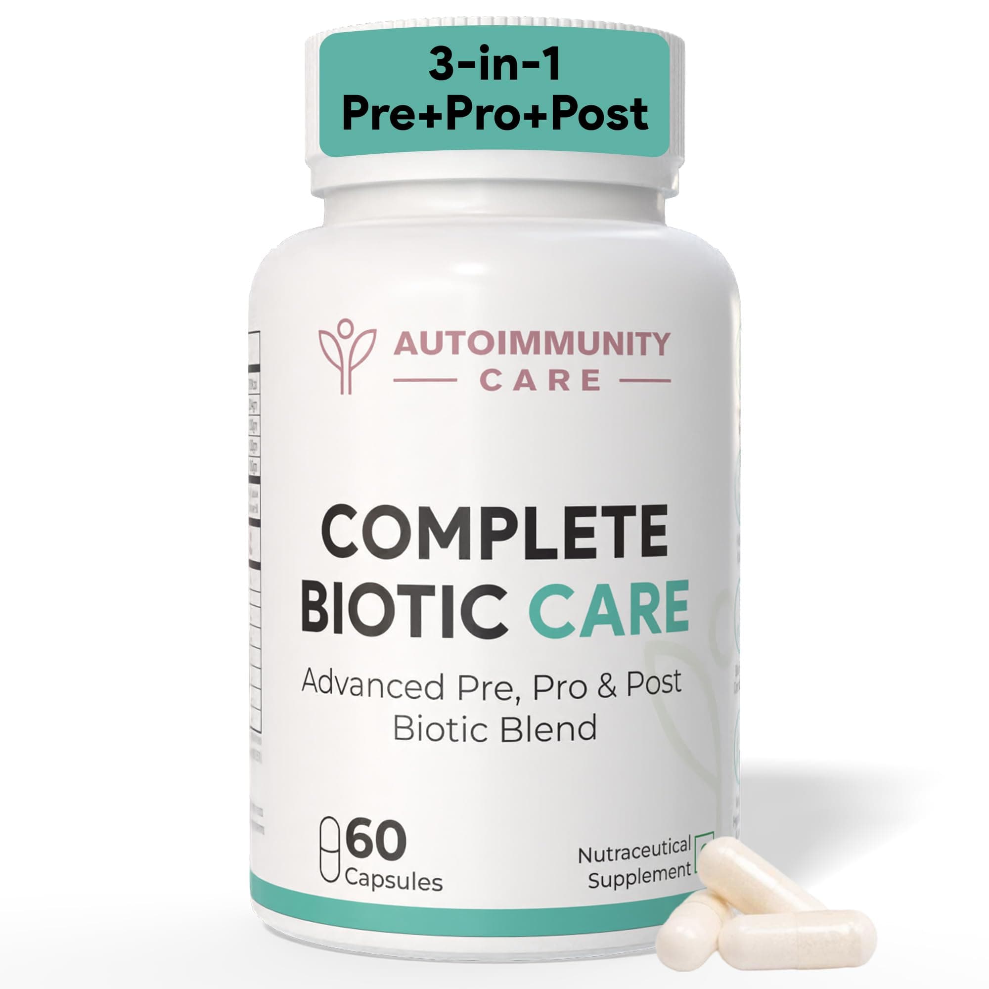 Complete Biotic Care – 3-in-1 Pre Pro & Post Biotic Supplement | Prebiotics + Probiotics Supplement with Postbiotics, for Women & Men | Digestion Improve Supplement, Gut & Immunity | 60 Caps (30 dose)