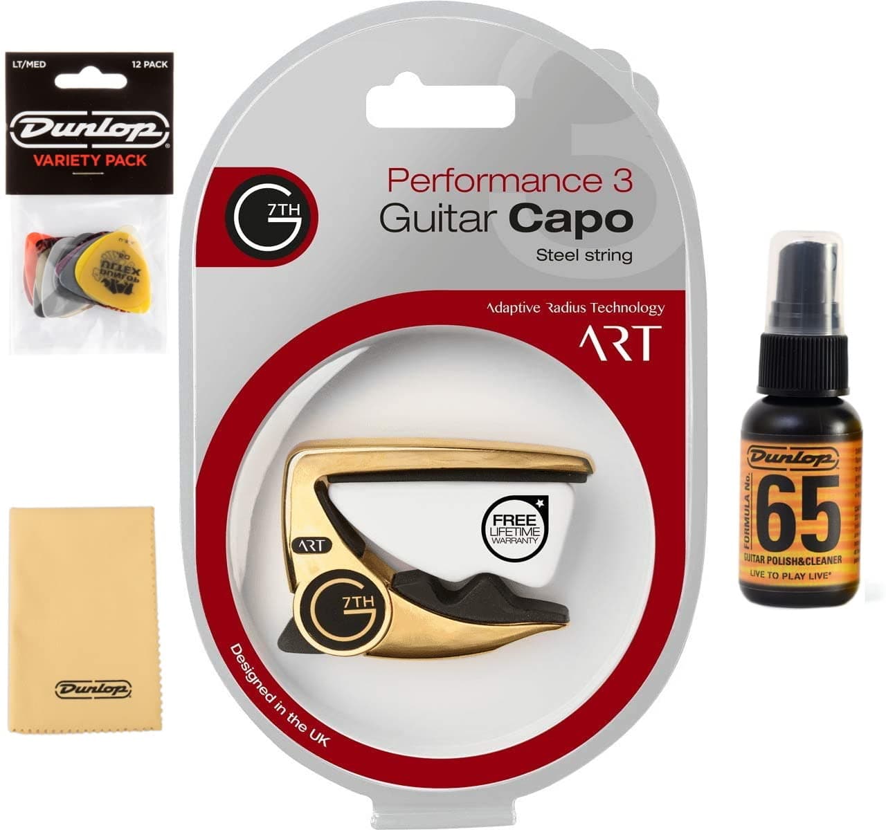 G7th Performance 3 ART Capo - 6 String, 18kt Gold Plate - Bundled with Dunlop Variety Pick Pack, Platinum 65 Cleaner-Polish, and Cloth