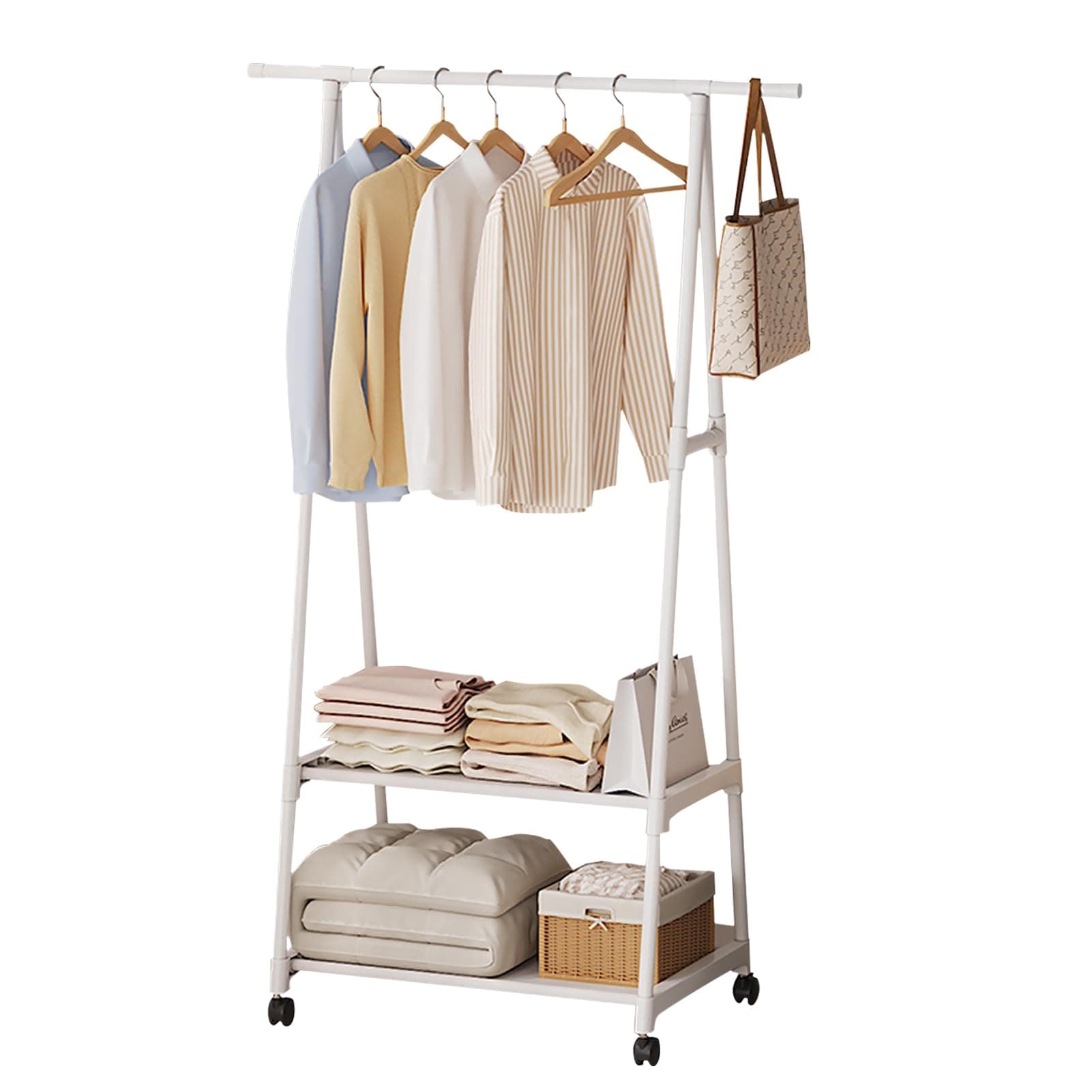 Clothes Rack, Clothes Drying Stand, Coat Rack, Sturdy Rolling Clothing Rack with Wheels, Multifunctional Metal Garment Rack with 2-Tier Shelf, (White)