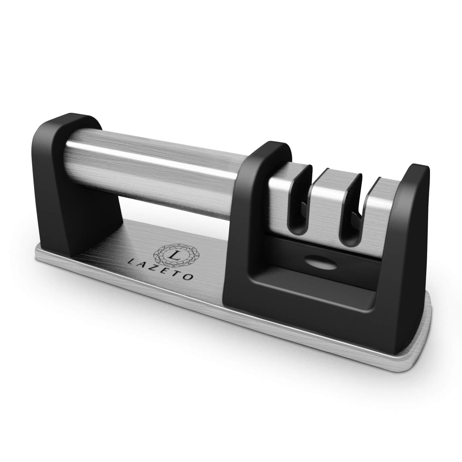 Kitchen Knife Sharpener - New Model for Straight Blades - Manual 2-Stage Sharpening Tool - Best Stainless Steel Hand-Held Blade Sharpeners - Tungsten and Ceramic Grinding System - by Lazeto