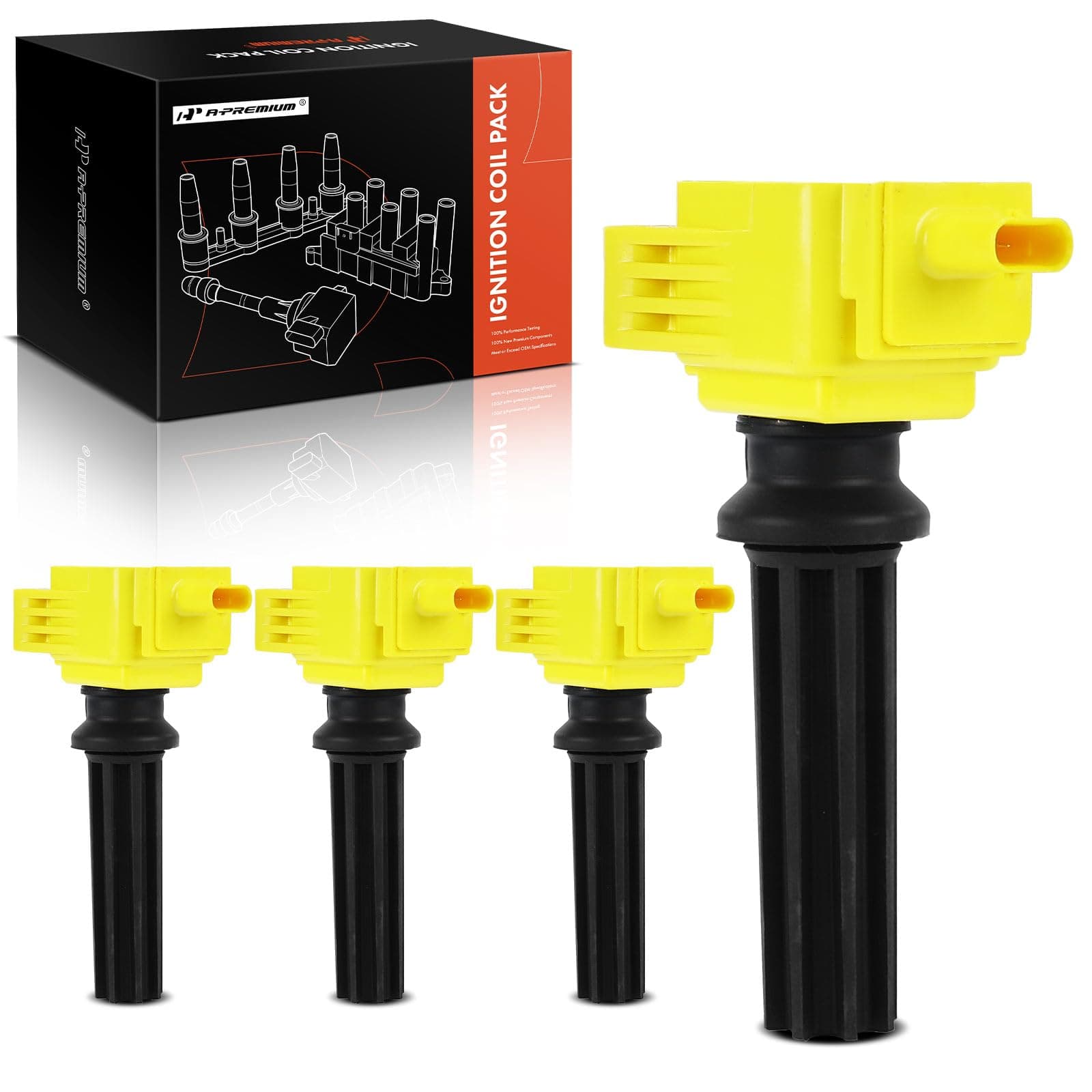 Ignition Coil Pack Compatible with Ford Escape 2.0L 2013-2019, Edge 2.0L 2012-2018, Mustang 2.3L 2015-2023 & Jaguar XE 2.0L Turbo 2017 & Land Rover LR2 2.0L 2013-2015 - Yellow, Set of 4