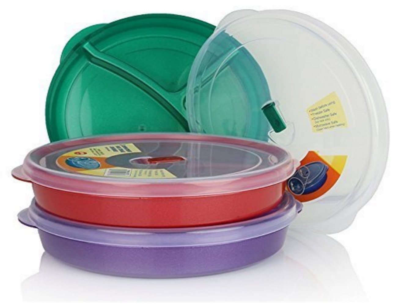 Microwave Food Storage Tray Containers - 3 Section Compartment Divided Plates with Vented Lid