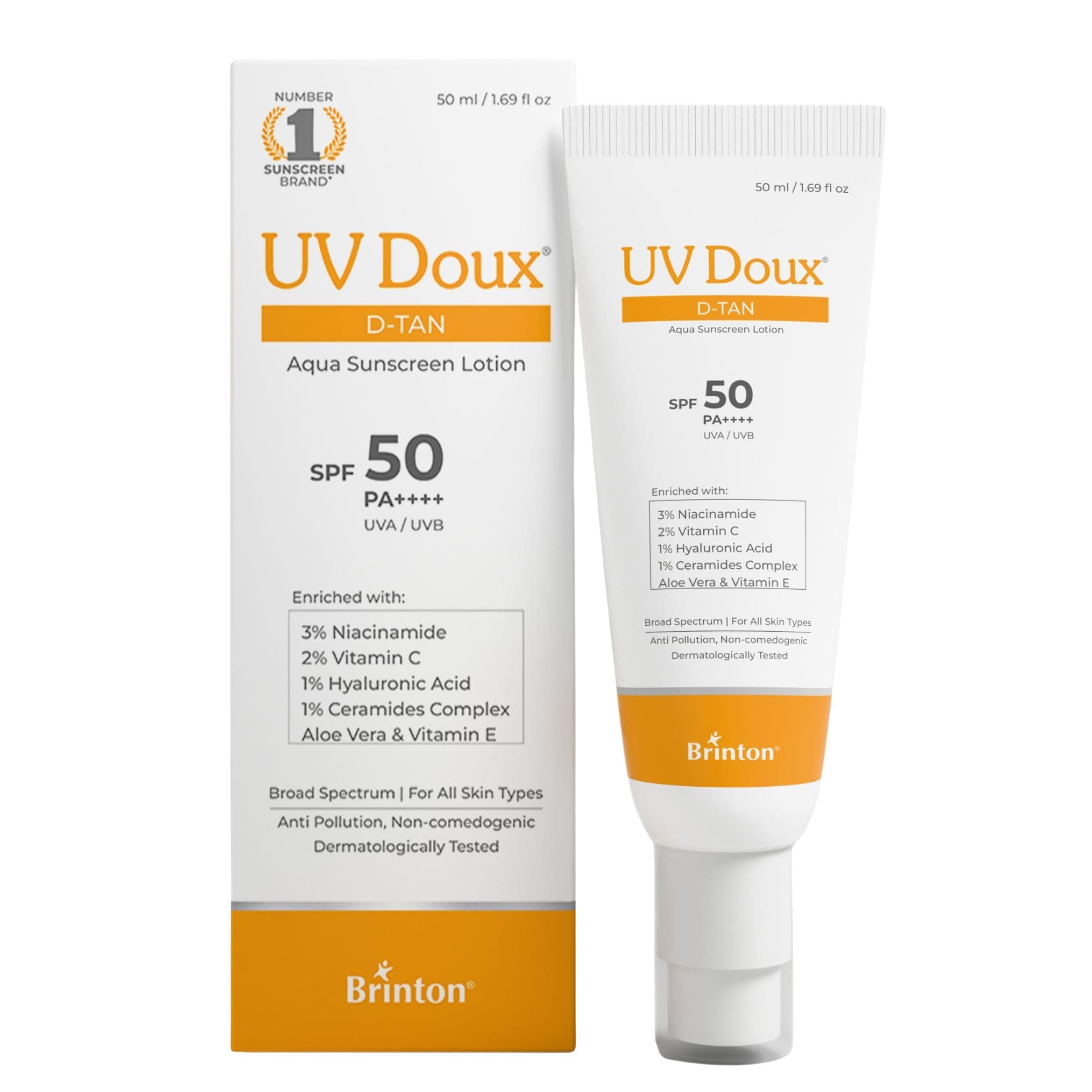 UV Doux D-Tan Aqua Sunscreen Lotion Enriched with Enriched with 3% Niacinamide, 2% Vitamin C, 1% Hyaluronic Acid, 1% Ceramide, Aloe Vera & Vitamin E SPF 50 PA++++ Broad Spectrum, 50 ml