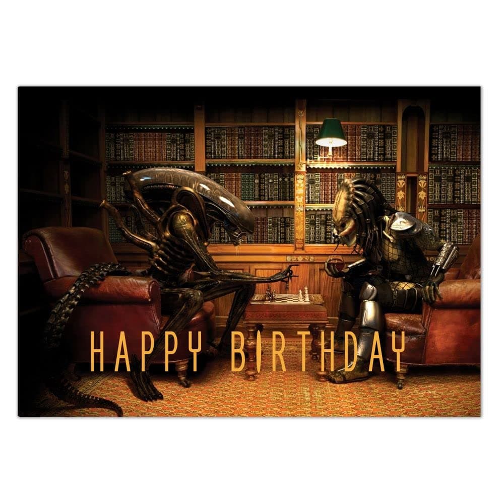 Alien vs Predator Birthday Card, AVP Playing Chess, Pool, Alien Predator Movie, Xenomorph Alternative Greeting Card (A5)