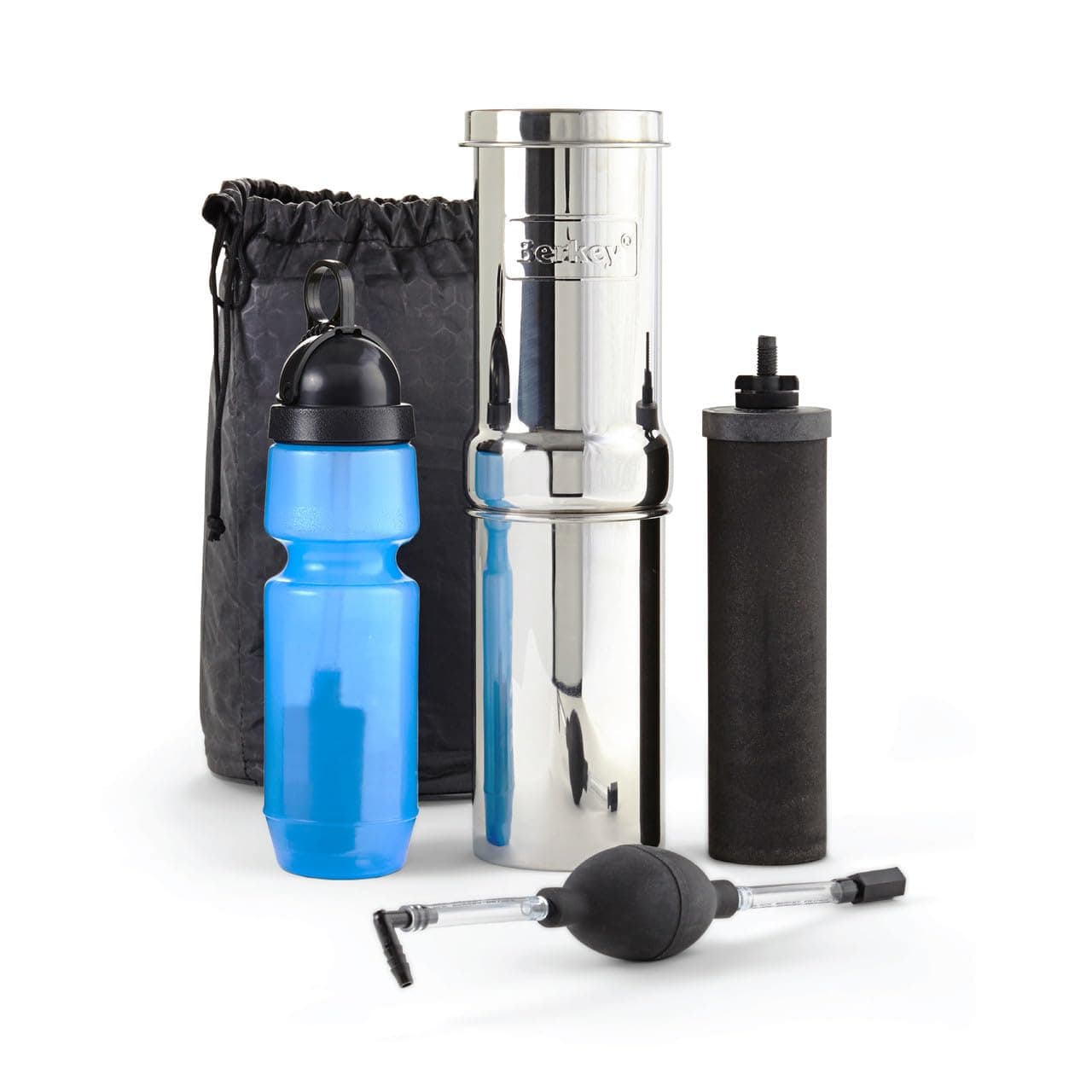 Go Water Filter Kit with 1 Qt. Berkey Gravity Fed Water Filter System, Sport Bottle and Black Primer