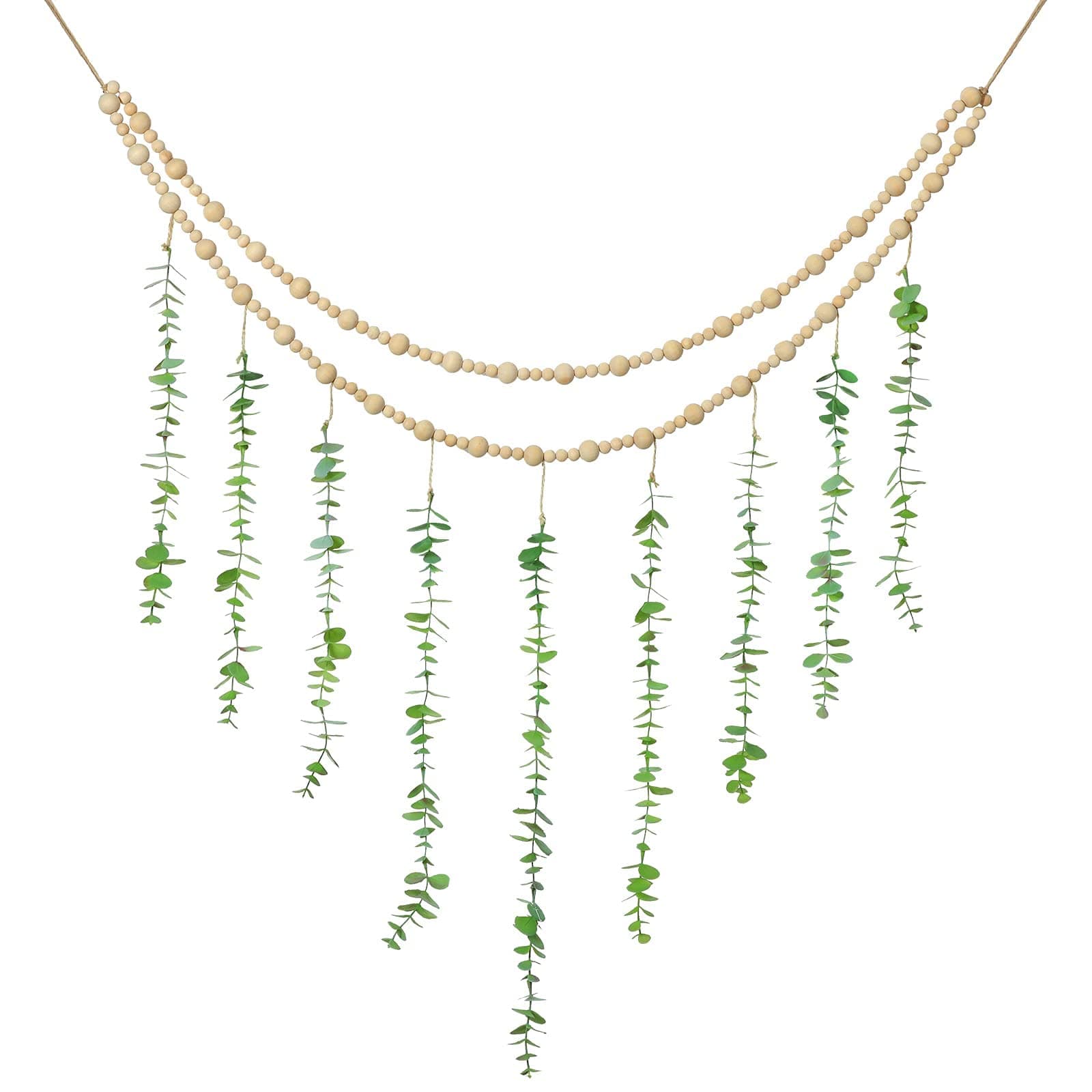 Excefore Wall Hanging Decor, Eucalyptus Boho Decor Bedroom Wall Hanging Wooden Bead Garland Artificial Eucalyptus Natural Greenery Decoration for Guest Bedroom Modern Bathroom Living Room