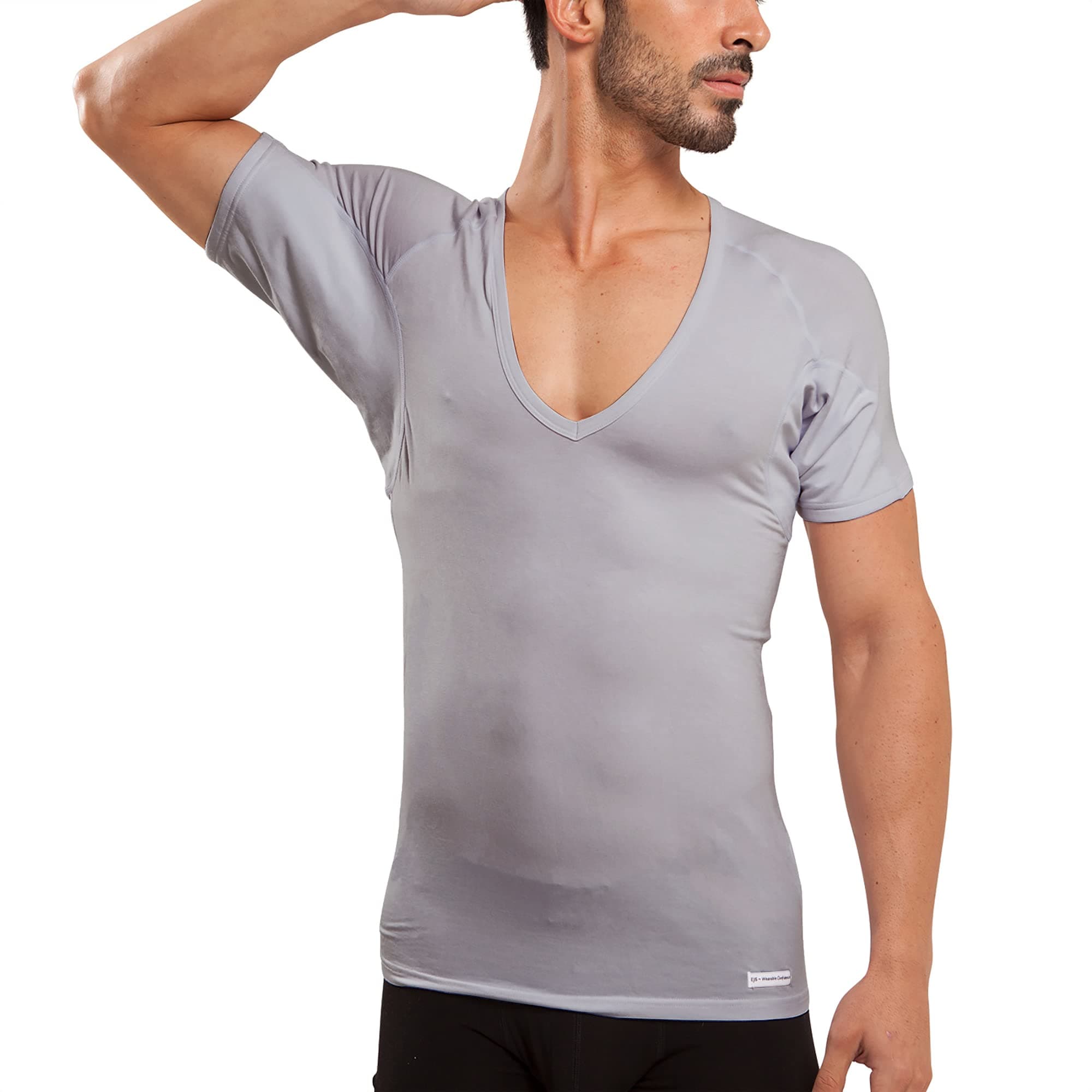 EjisSweatproof Undershirt Mens Modal Deep V w Sweat Pads, Silver Treated to Fight Embarrassing Odor, Aluminum Free Alternative
