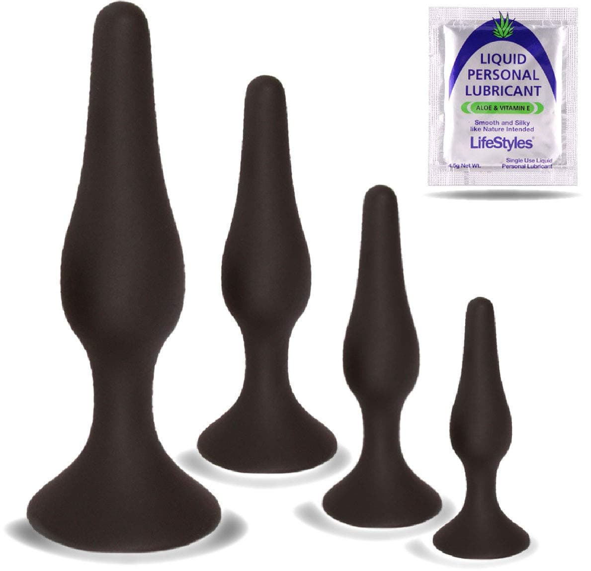 Anal Trainer Kit from Real Vibes - 4 Butt Plugs - Beginner Starter Set - Personal Lubricant Sample - 100% Medical Grade Silicone - Hypoallergenic