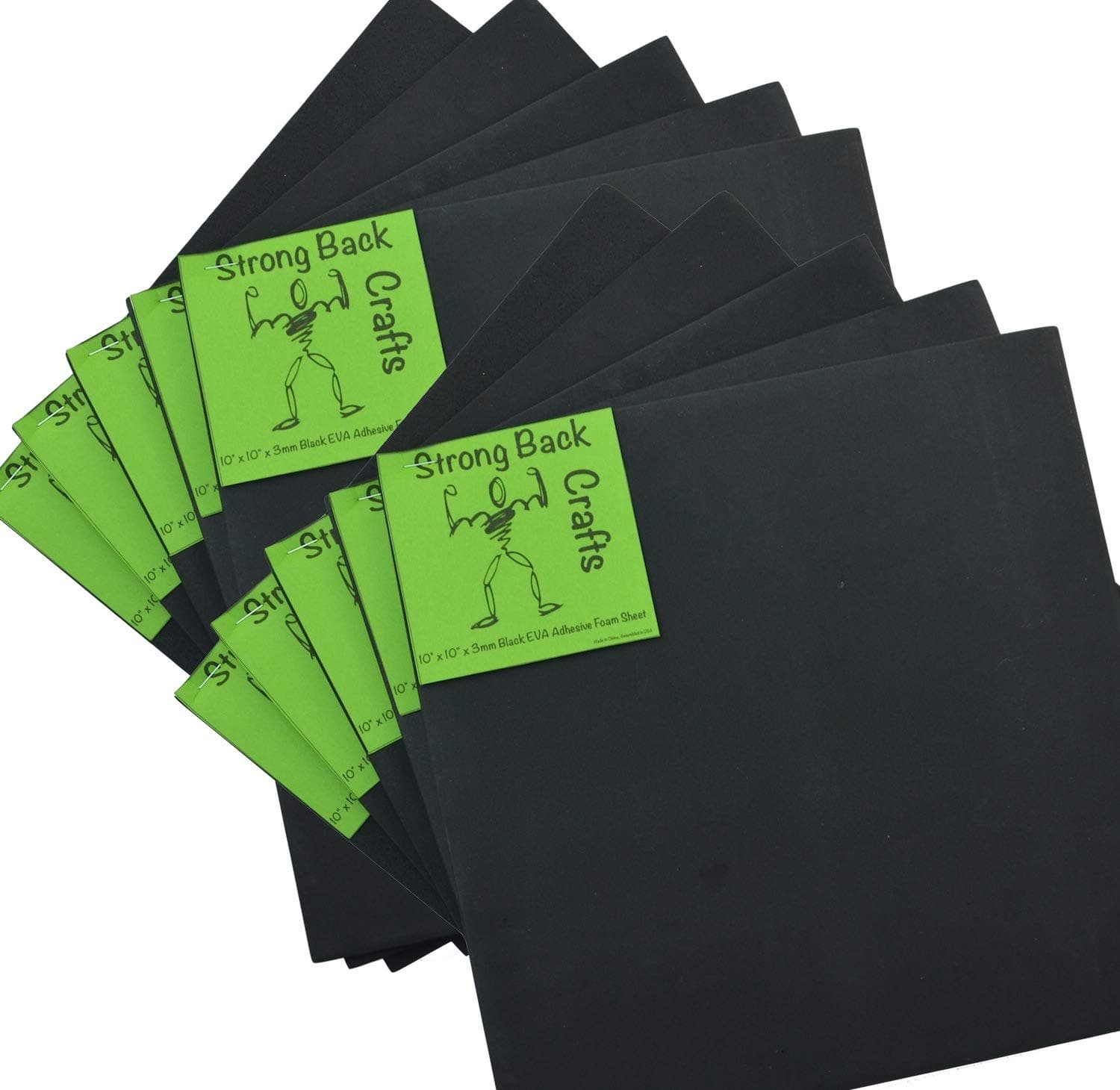 Black-(10 Pack)-6mm Thick-Self-Stick Adhesive Foam Sheets 9.5" x 9.5" EVA High Density by Strong Back Crafts- for Cosplay Costumes, Halloween Outfits, Traction Pads, & Scrapbooking