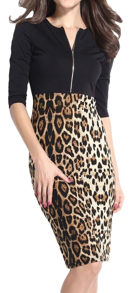 Sexy Leopard Print Patchwork Front Zipper Zip Up Bodycon Shirt Dress S