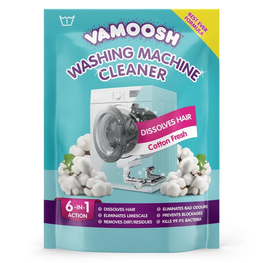 Vamoosh 6-in-1 Washing Machine Cleaner, Cotton Fresh Scent. Dissolves Hair, Eliminates Bad Odours, Removes Limescale, Deep Clean, Leaves Smelling Fresh, Antibacterial, Descales, 1 Wash