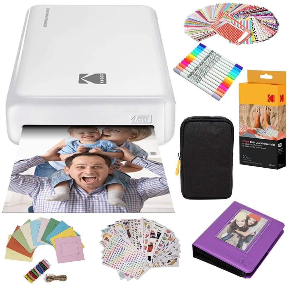 KODAK Mini2 Instant Photo Printer (White) Gift Bundle + Paper (20 Sheets) + Deluxe Case + 7 Fun Sticker Sets + Twin Tip Markers + Photo Album + Hanging Frames