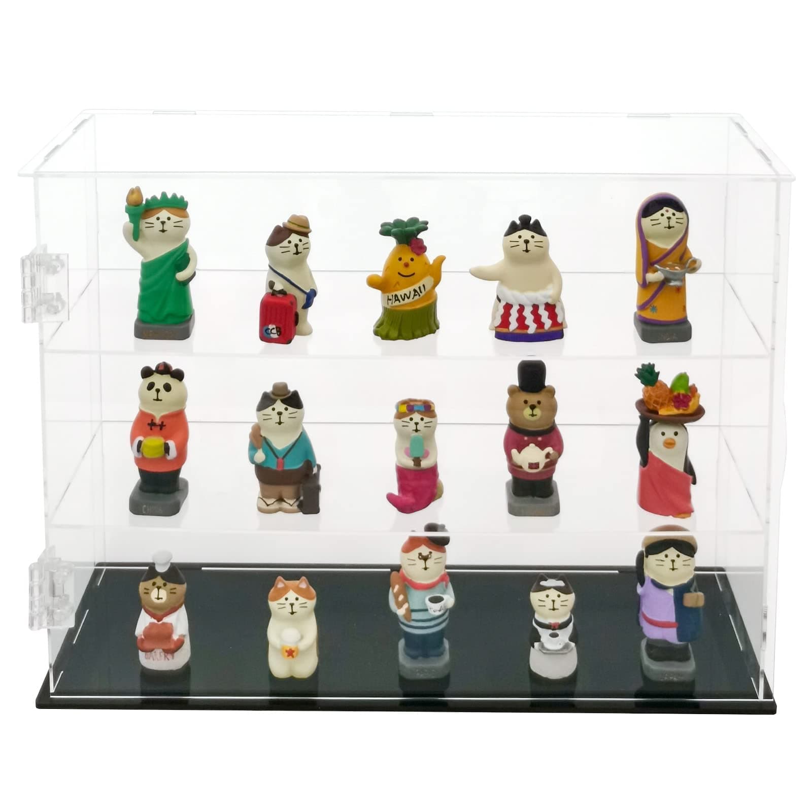 LANSCOERY Clear Acrylic Display Case, Assemble 3 Tier Display Box Stand with Black Base, Dustproof Open Door Showcase for Collectibles Memorabilia Figurines (12.5x4x9.4inch, 32x10x24cm)