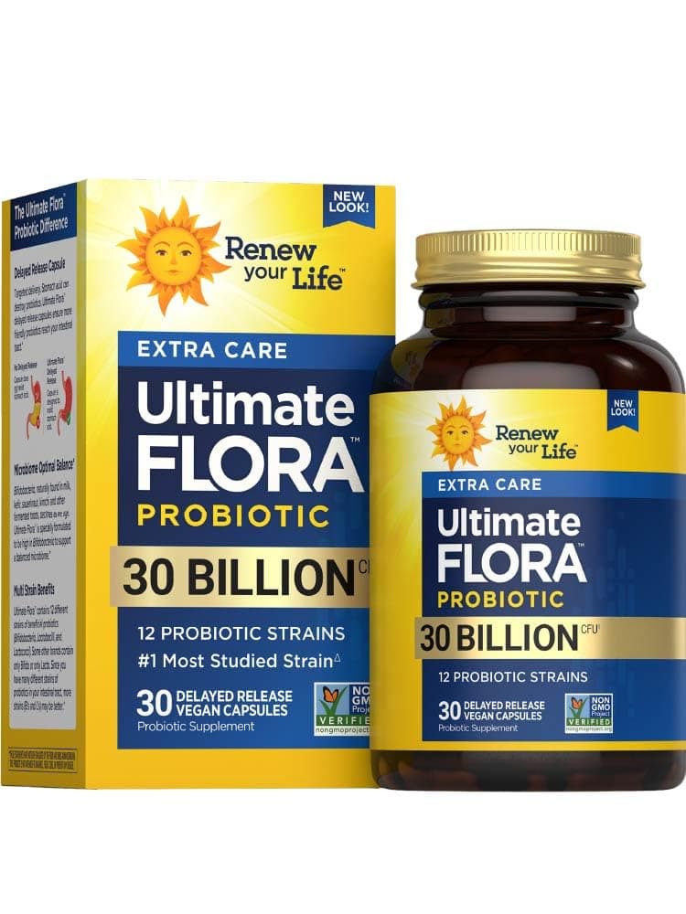 Ultimate Flora Probiotics 30 Billion CFU Delayed Release Vegan Capsules | Extra Care | Digestive Health | Immune Health | Dairy Free | 30 Count