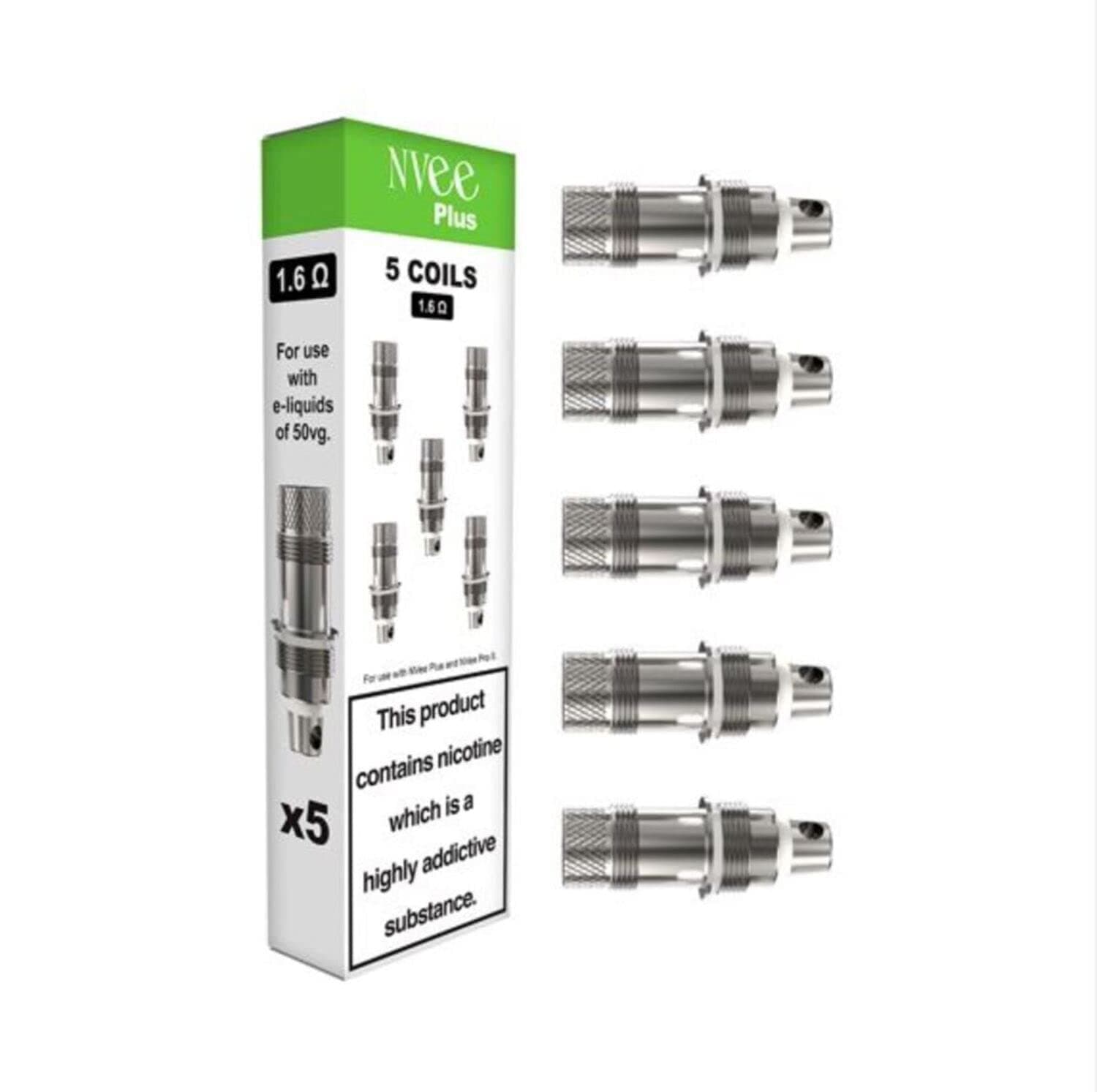 NVee Plus 1.6ohm Replacement Coils - Pack of 5, Designed for use with NVee Pro or NVee Plus When Used with 50/50 pg/vg eliquid - No Nicotine - Nicotine Free