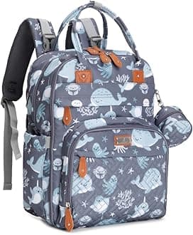 BabbleRoo Diaper Bag Backpack - Baby Essentials Travel Tote - Multi Function Water Resistant Diaper Bag, Travel Essentials Baby Bag with Changing Pad, Stroller Straps & Pacifier Case - Sea Animals