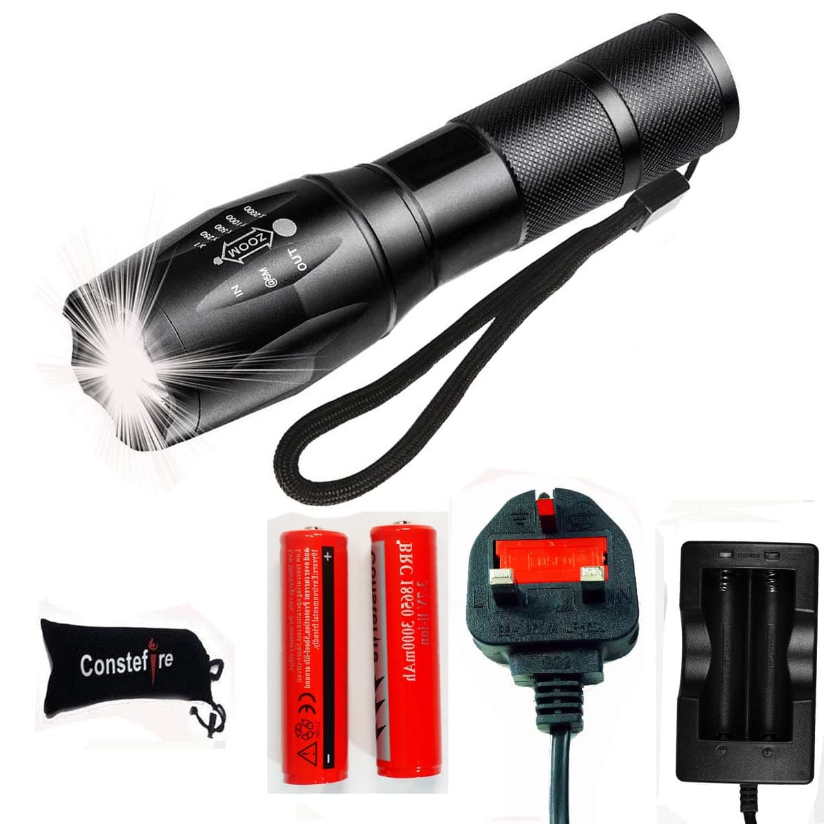 LED Flashlight with 2pcs 3000MAH Battery, 2000 Lumen Rechargeable Torch, XM T6 Tactical Flashlight with 5 Modes, Zoomable Waterproof for 18650 LED Torch Flashlight,Emergency and Outdoor Use