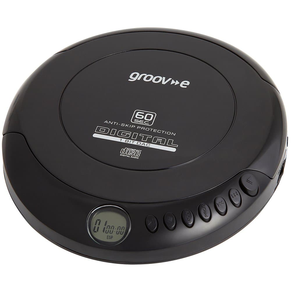 Groov-e RETRO Compact CD Player - Personal Music Player with CD-R & CD-RW Playback - Anti-Skip Protection, Programmable Tracks - Earphones Included - Micro-USB or Battery Powered - Black